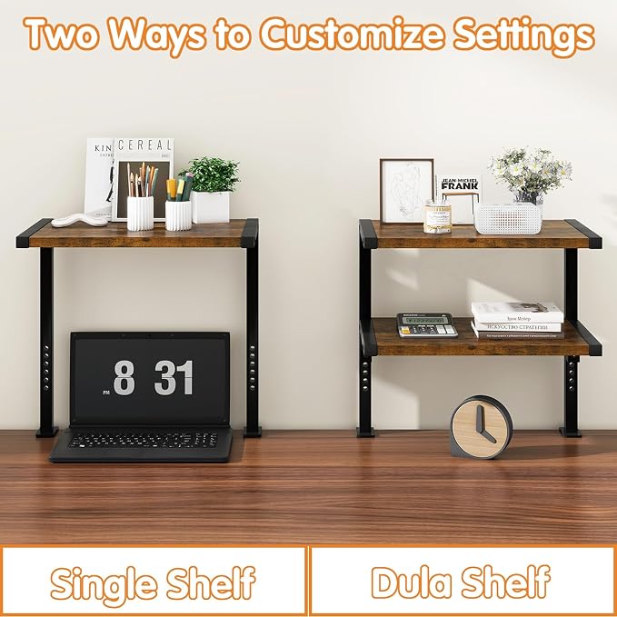 IBUYKE Clamp on Desk Organizer Shelf,Desk Extender Shelves TMZ007H | 12.9 inches,2-Tier Adjustable Storage Shelves, Above or Below Desk, for Desktop Accessories,Brown - Image 3