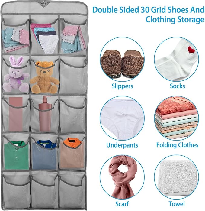 3Pcs 30 Large Pockets Dual Sided Hanging Shoe Organizer Double-Side Closet Storage Shelves with Rotating Hanger Space Saving Storage Bag Portable Shoe Rack Holder for Bedroom Laundry Room,Gray - Image 7