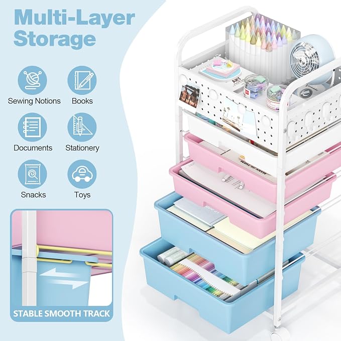 5 Drawer Rolling Storage Cart with Pegboard Top and Hooks, Pink&Blue | Mobile Organizer Cart with Wheels for Office Supplies, Craft Storage, Classroom Organization, Home Utility Cart - Image 3