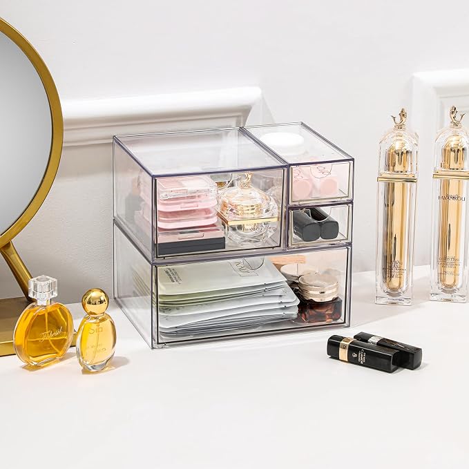 Makeup Drawer Organizer, Desk Drawer Organizer With 4 Drawers, 3 Different Sizes, Suitable For Office Desk, Bathroom, Bedroom, Jewelry, Stationery, Handicraft Storage And Organization, clear - Image 5
