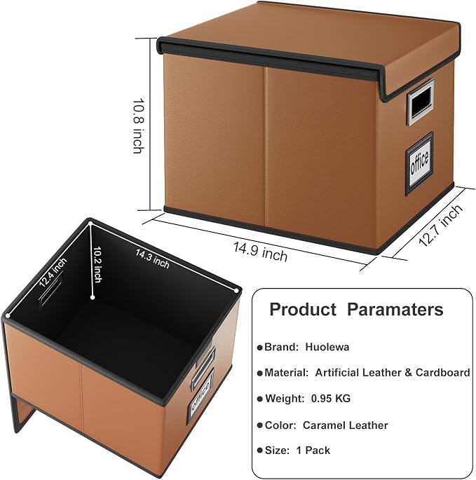File Organizer Box with Lids, Collapsible File Folder Organizer | File Box with Plastic Slides for Document, Filing Bin for Letter Size Hanging File Folders (1 Pack, Caramel, Leather) - Image 6