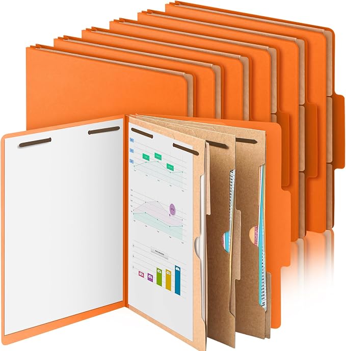 Skyygemm 12 Pcs Classification Folders 3 Pocket Dividers Letter Size Employee File Folder with 2 Prong Fasteners 2 in Expansion Pressboard Medical Document Organizers Bulk for School Office(Orange) by Skyygemm