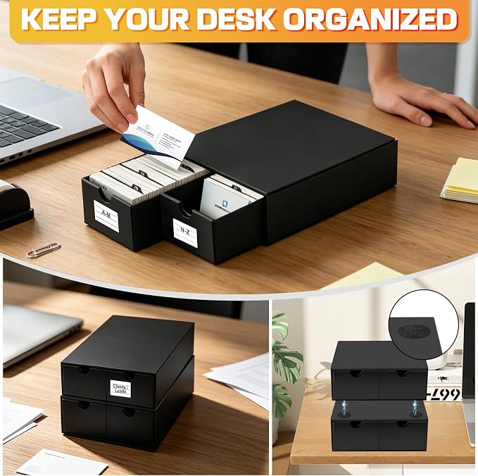 Business Card Storage Box 4 Pack, Stackable Business Card Organizer with 8 Pull-Out Drawers and Labels, Holds Up to 4000 Cards, Black Corrugated Desktop Filing Boxes - Image 5