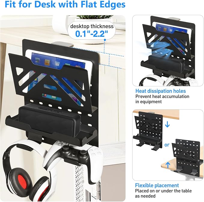MAXECHO Desk Side Storage Holder, Metal Pegboard, Above or Under Desk Laptop Mount, Table Side Hanging File Organizer, Clamp On Cable Management Tray, Peg Board for Gaming, Office - Image 2