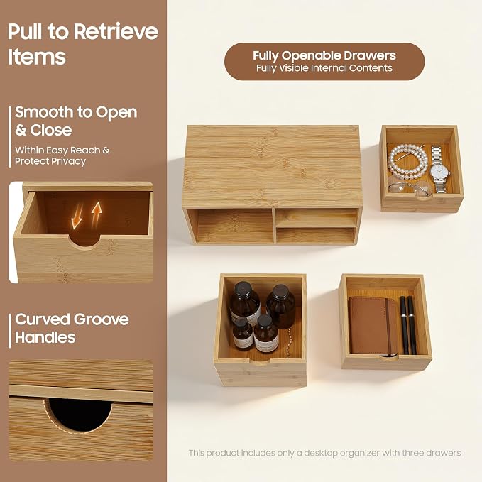 Ringmaster Bamboo Desk Organizer with 3 Drawers,Mini Desktop Organizer Drawer Tabletop Storage Organization Box for Office Home Supplies - Image 6