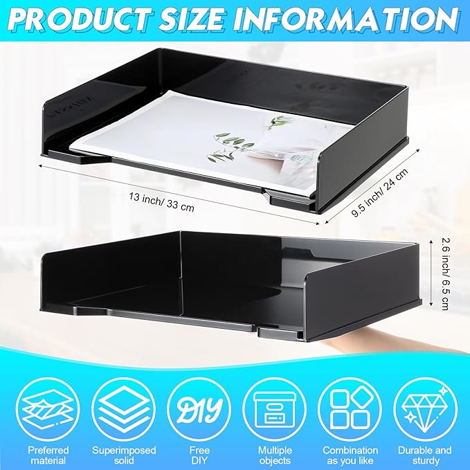 DoubleFill 4 Pcs Stackable Letter Tray Rectangular Plastic Desk Organizer 13 x 9.5 x 2.6 in Paper Holder File Tray Accessories Rack for Desktop Office Desk Drawers (Black) - Image 2