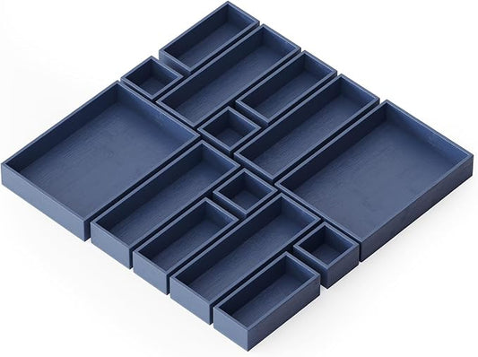 SpaceAid 14-Piece Bamboo Drawer Organizer Storage Boxes Set, Wood Tray Junk Drawer Organizers Multi-Use Divider Bins for Kitchen, Bathroom, Office Desk and Makeup Organization (14 Pack, Navy Blue) by SpaceAid