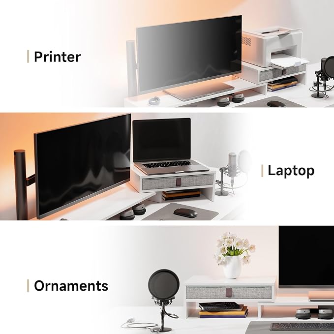 Fenge Triple Monitor Stand with Srorage Drawer, Adjustable Length and Angle | Computer Monitor Riser for 2 or 3 Monitors, Wooden Desktop Laptop Stand, Office Organizer for PC, Screen, Tablet, White - Image 8