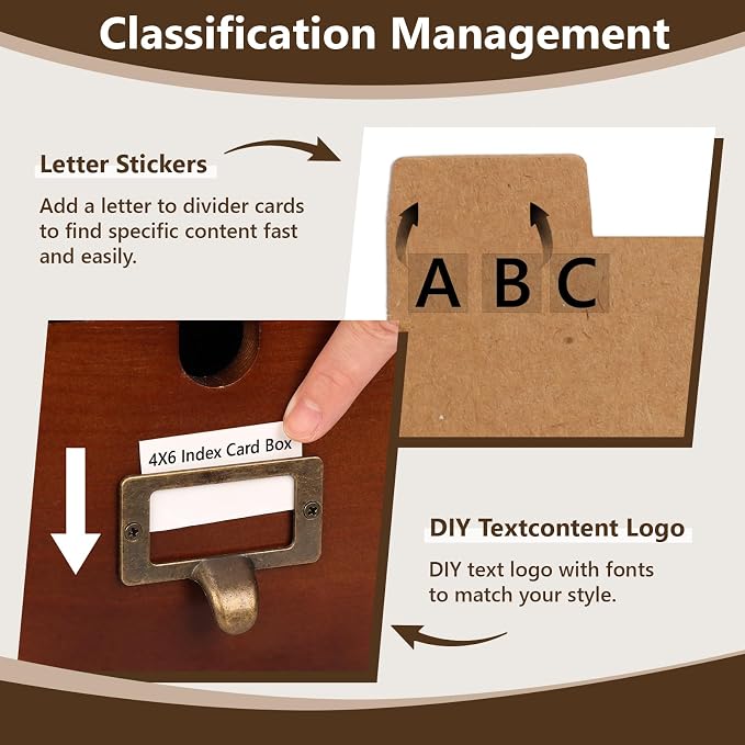 4x6 Index Card Holder Wooden Index Card Storage Box with Drawers Brown Vintage Card Catalog Box Recipe Notecard Box 5 Index Cards Dividers 2 Letter Smile Stickers for School Office - Image 6