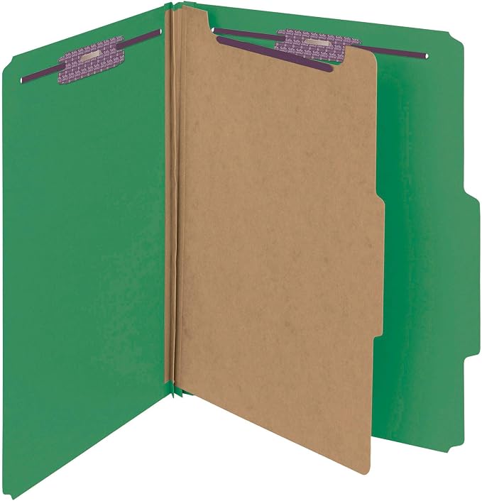 Smead Pressboard Classification File Folder with SafeSHIELD Fasteners, 1 Divider, 2" Expansion, Letter Size, Green, 10 per Box (13733) (Pack of 1) - Image 4