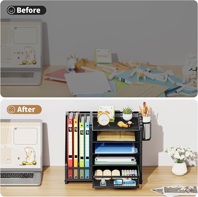 Marbrasse Desk Organizer with File Holder, 5-Tier Paper Letter Tray Organizer with Drawer and 2 Pen Holder, Mesh Desktop Organizer and Storage with Magazine Holder for Office Supplies (Wood-Black) - Image 7