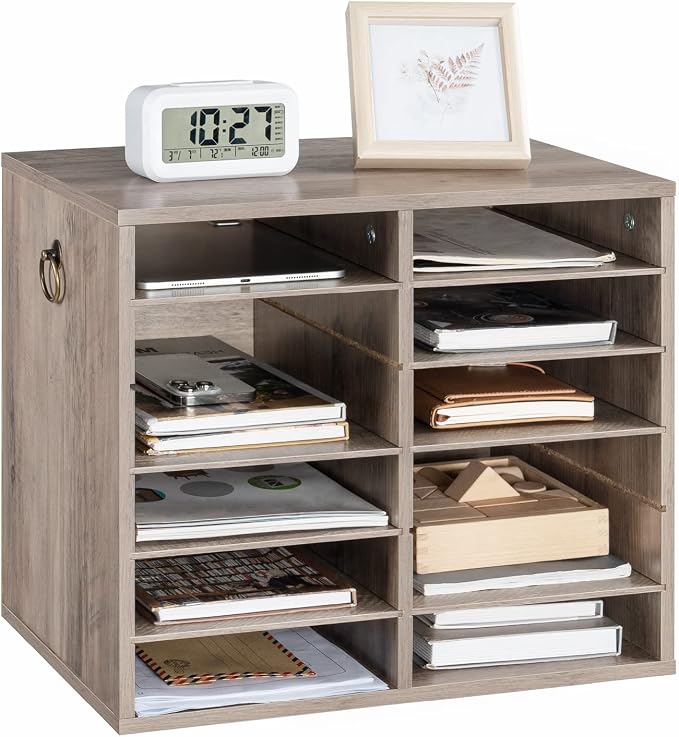HOOBRO Literature Organizers, 12 Compartments Office Mailbox with Adjustable Shelves, Wood Countertop Literature Sorter for Office, Home, Classroom, Mailrooms Organization Greige BG12WF01 - Image 9