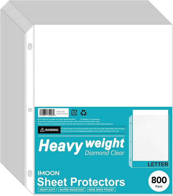 Heavyweight 3-Hole Letter Size Sheet Protectors - High Transparency Plastic Heavy Duty Sleeves for 3 Ring Binders, Archival Safe, Durable Page Protectors for Documents, 8.5x11 Inch (800 Pack) by Unknown