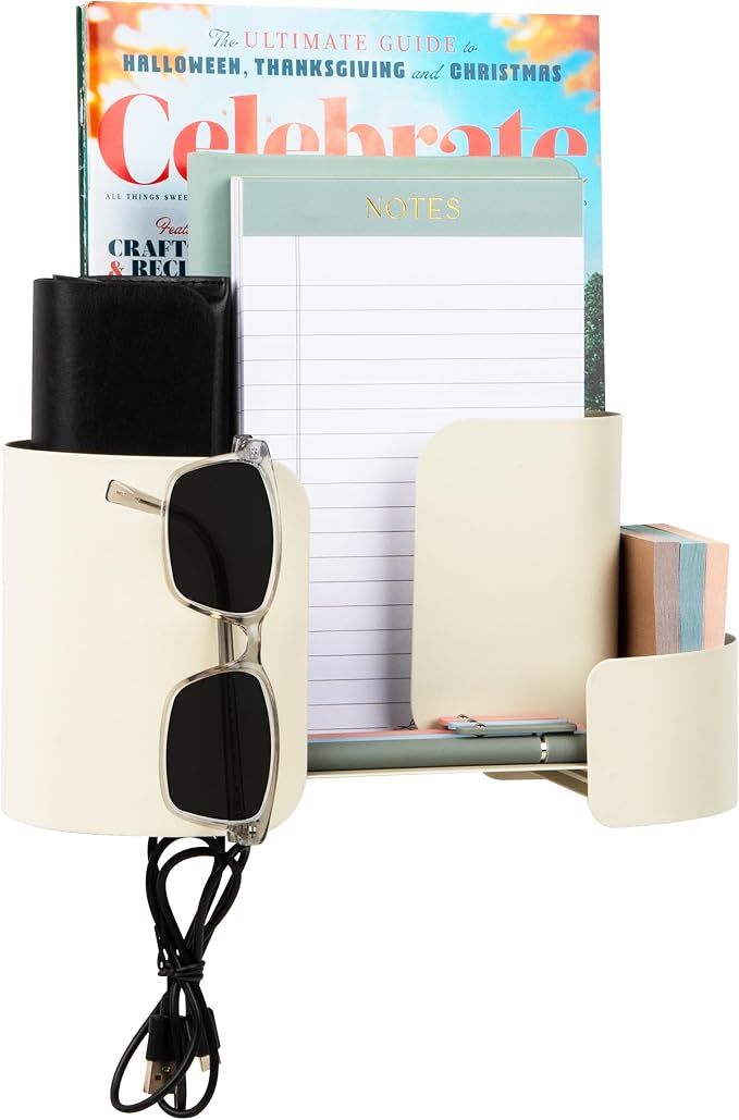 Mind Reader Hanging Accessory Organizer, Adhesive Wall-Mounted Shelf with Hooks for Home, Office, Dorm, or Bathroom, Metal, Tan by MindReader
