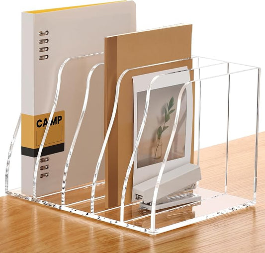 SANRUI Acrylic Magazine File Holder Desk Organizer, Clear 5 Compartments | Workspace Document Sorter, Vertical Folder Rack Binder for Office Home Classroom Tablet, Books & Accessories Storage by SANRUI