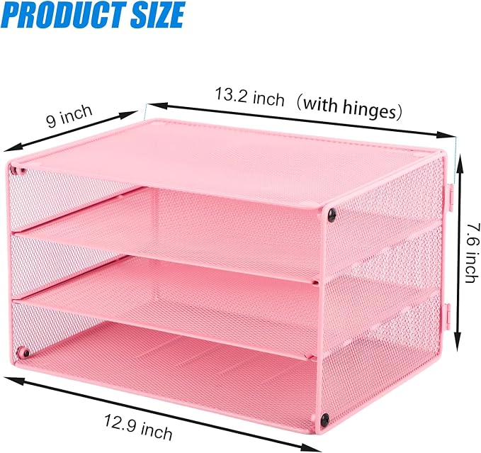 Paper Organizer Tray, 3 Tier Mesh Desk File Organizer Letter Sorter Holder for Home Office, Pink - Image 2