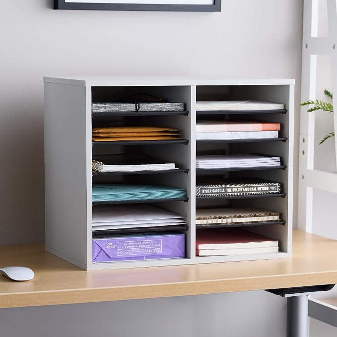 Safco Literature Organizer, 12 Compartments, Office and Classroom Mailbox with Adjustable Shelves, Wood Paper and Mail Sorter, Gray - Image 2