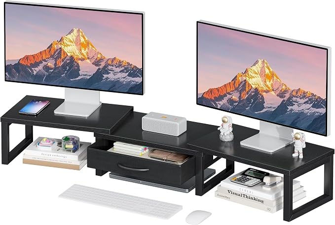Dual Monitor Stand Riser, Desk Organizers and Accessories with Drawer, Computer Monitor Stands for Desk, Adjustable Desktop Shelf for PC Laptop Printer TV, Black by Unknown