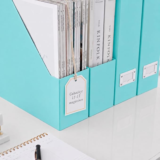 BLU MONACO Set of 6 Aqua Magazine File Holders | Foldable Magazine Storage Boxes with White Leather Label Holders | Vertical File Organizer for Desk, Shelves & Home Office - Image 3