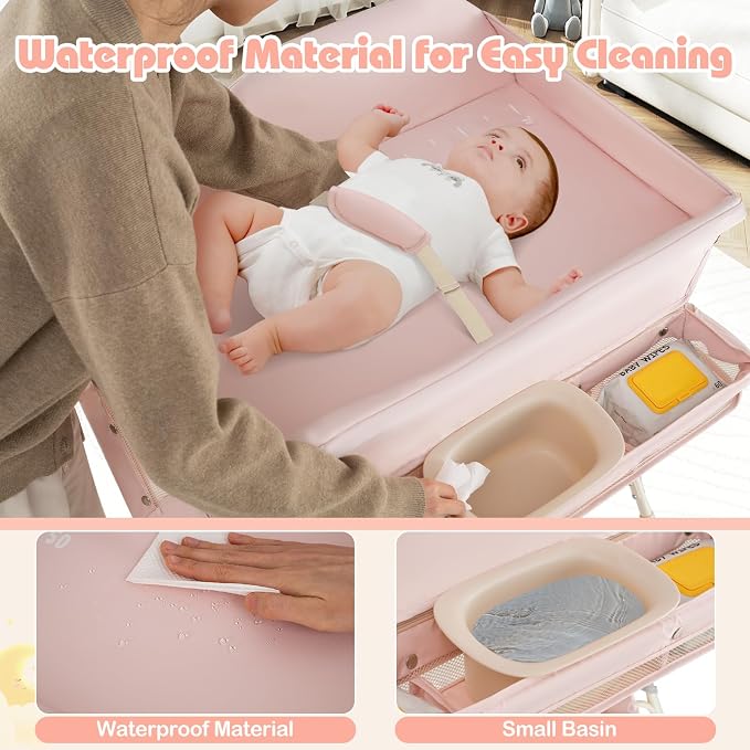 INFANS Baby Changing Table with Wheels, Portable Folding Diaper Station Nursery Organizer with Storage Basket, Hanging Rack, Adjustable Height, Safety Belt for Newborn Infant (Light Pink) - Image 3