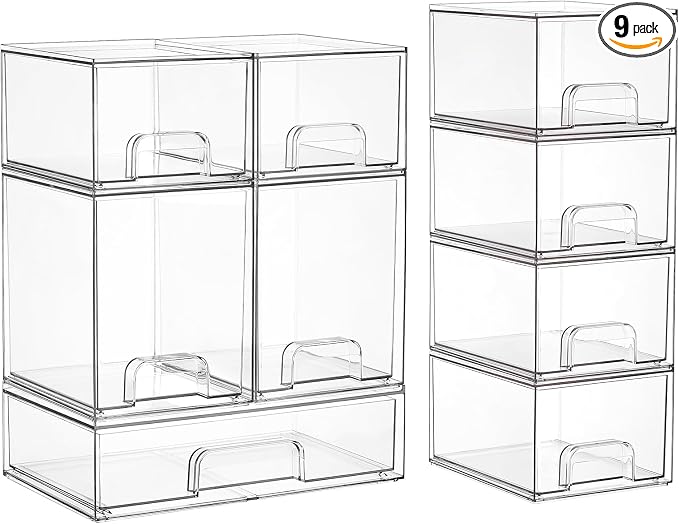 Vtopmart Stackable Storage Drawers Set of 9, Clear Plastic Organizer Bins for Baby Bottle, Beauty Supplies Storage, Ideal for Kichen Countertop, Vanity, Bathroom, Cabinet, Pantry Organization by Vtopmart