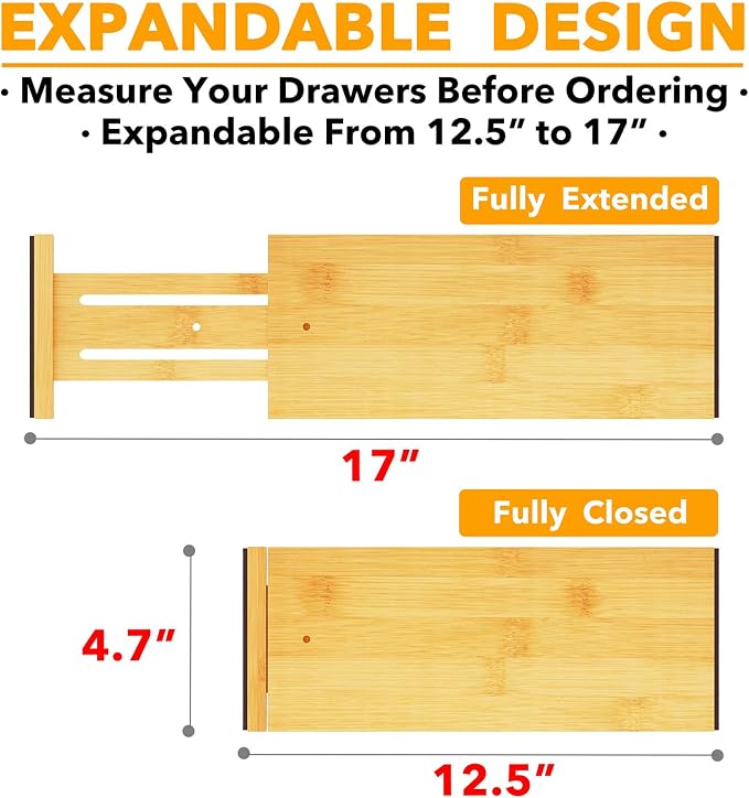 SpaceAid Bamboo Dresser Drawer Dividers 6 Pack, 4.65“ High Adjustable 12.5“-17” Drawer Organizers, Expandable Organization for Clothing, Clothes, Dressers, Natural - Image 3