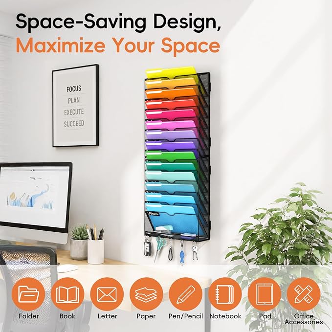 15-Tier Wall File Organizer with Hook, Hanging File Organizer Black | Wall-mounted mail storage holds papers, folders, files, clipboards and magazines, assembly required for office or home use. - Image 4
