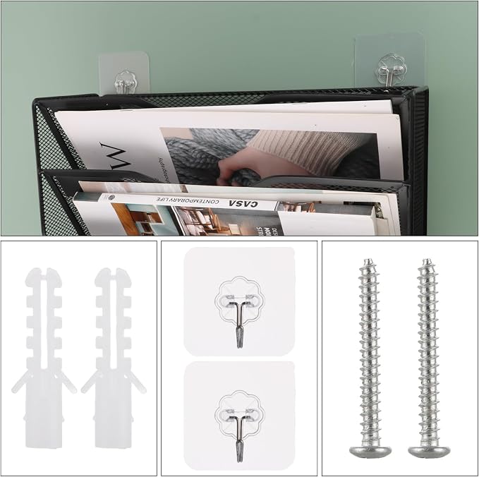 ASelected 3 Tier Wall File Holder Organiser,Paper Magazine Storage Rack Holde, Mesh Wall Mounted Holder Metal Hanging Wall Files Mail Document Holder for Office and home, Black - Image 3