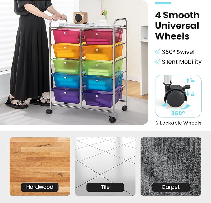 Giantex 10 Drawers Rolling Cart, Classroom Organizers, Storage Cart with Wheels, for Teacher Office Home School Supplies Tool Craft Art Paper - Image 6