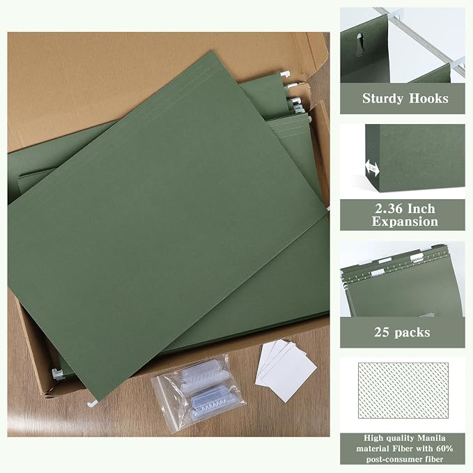 25 Pack 11×17 Expanding Hanging File Folders for Filing Cabinet 1/5 Cut Heavy Duty Hang Folders with Plastic Tabs & Label Cards Extra Large Hangers File Organizer for 11×17 Paper Engineering Document - Image 3