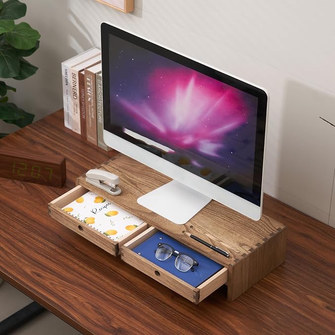 KIRIGEN Solid Wood Monitor Stand with 2 Drawers, Desk Riser, Brown PMJ-DBR | Desktop Organizer with Cable Opening and Pen Slots Stores Office Supplies, Supports Up To 50 Lb and Arrives Fully Assembled - Image 7