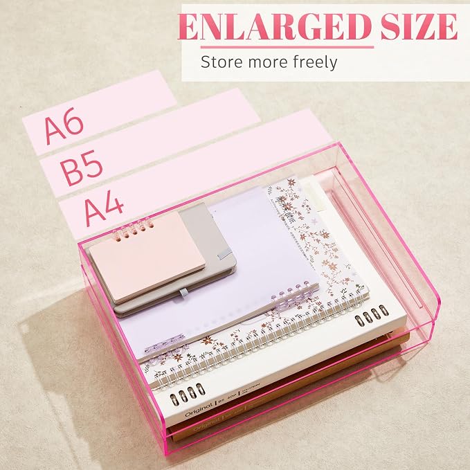 Harloon 4 Tier Clear Hot Pink Acrylic Paper Organizer Letter Tray, Aesthetic Stackable Low Profile Desk File Organizer Modern Heavy Duty Paper Holder Tray for A4, Office Home File Pad Books Notes - Image 4