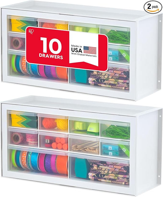 IRIS USA 10-Drawer Organizer, 2 Pack, Makeup Tool Craft Storage, White | Wall mountable, Stackable Teacher Toolbox, Beads, Building Bricks, Water Packets, Screws, Hardware by IRISUSA