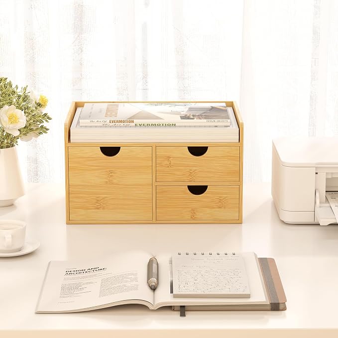 Wisuce Bamboo Desk Drawer Organizer, 3 Drawer Desktop Organizer with Drawers Tabletop Storage Organization Box for Office Home Toiletries Supplies Vanity, No Assembly Required - Image 4