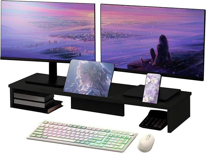 Dual Monitor Stand Riser with Phone Tablet Holder, 35.8in Large Monitor Stand for Desk, Computer Monitor Stand for 2 Monitors, Desk Shelf for Top of Desk, Desktop Organizer for Laptop, Printer, TV by Qupui