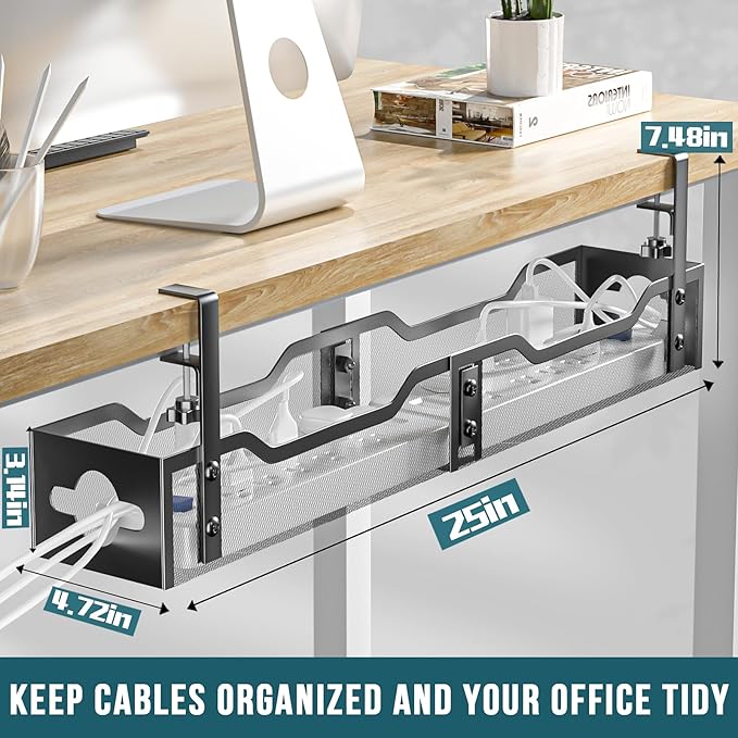 Under Desk Cable Management Tray Black, Litwaro Cable Management Under Desk No Drill, 25'' Cable Tray with Clamp for Wire Management, Cord Organizer for Office, Home - No Damage to Table - Image 7