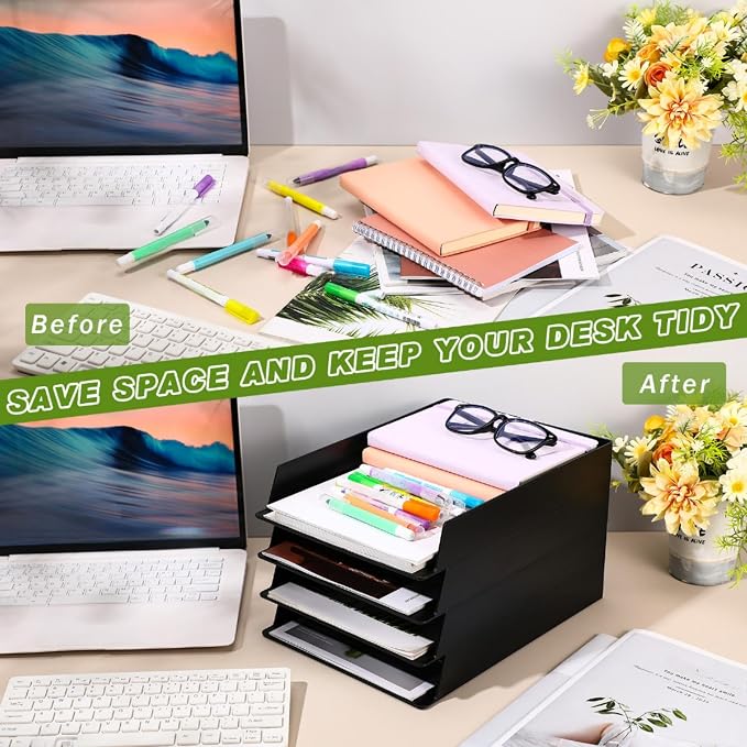 20 Pcs Stackable Paper Trays Rectangular Plastic Desk Holder Desktop Document File Organizer Storage Letter for Back to School Office Classroom (Black) - Image 4
