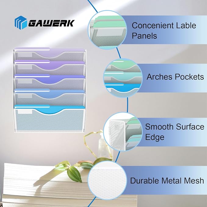 Gawerk 5 Tier Hanging Wall File Organizer, Mesh Mail Paper Orgnization Hanging File Folder Holder for Home Office, White - Image 3
