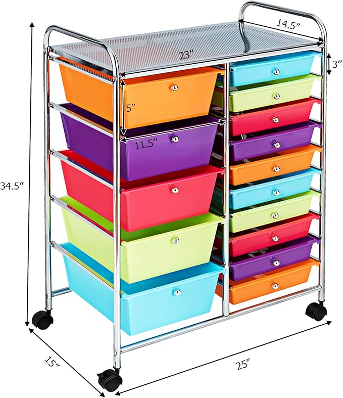 GOFLAME 15-Drawer Rolling Storage Cart, Craft Storage Cart with Removable Drawers & Lockable Wheels, Art Cart Supply Storage Organizer for Home Office Classroom, Multicolor - Image 3
