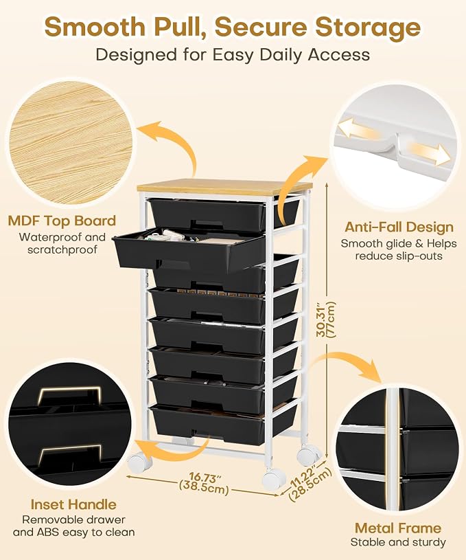 Homde Rolling Storage Drawer Cart: 8-Drawer Sort to Clear Desk & Dresser Clutter - Anti-Fall Smooth Glide Prevents Spill-Out During Daily Grab - Lockable Wheels Keep It Steady - Image 7