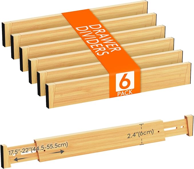 Lifewit 2.4" High 6 Pack Bamboo Drawer Dividers 45-55cm/17.5-22" Adjustable Wooden Drawer Organizer for Clothes/Utensils, Expandable Drawer Separator for Dresser/Kitchen/Bedroom/Office Organization by Lifewit