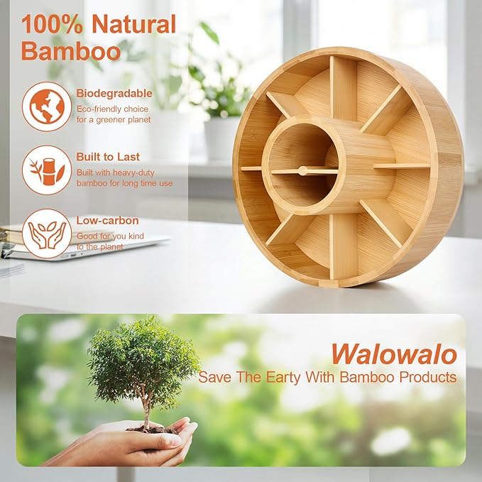 Marker Organizer Rotating Bamboo Desk Organizer, Silent 360° Rotation Caddy, 10 INCH LARGE Art Supply Caddy Holds 140+ Markers, 750+ Pencils for Home Office, Classroom, Birthday Gift, 10 Compartment - Image 5