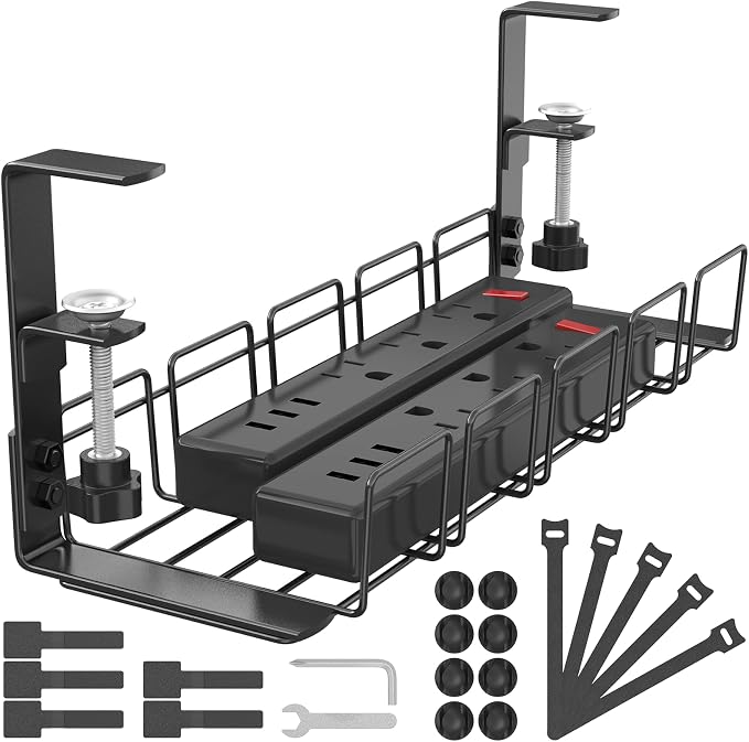 Cable Management Under Desk Tray No Drill, Table Cable Basket for Power Strips and Cables, No Screws Tidy Wire Organizer Clamp for Home, Office, Kitchen and Standing Desks, Black - Image 2