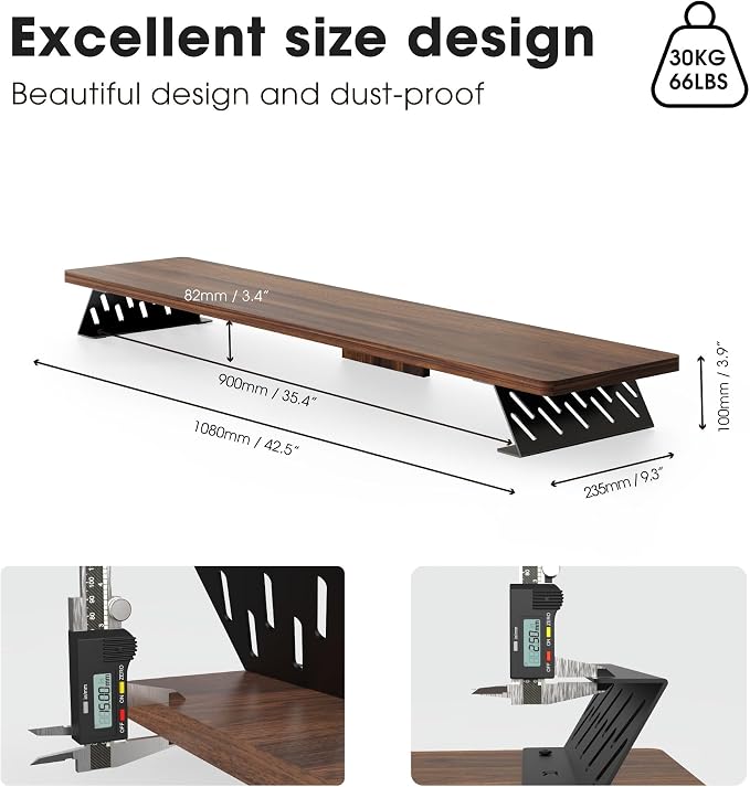 Fenge Monitor Stand Riser, Wooden & Metal Desk Shelf Organizer, Brown | 42.5 Inch Dual Monitor Riser for 2 Monitors, Multifunctional Monitor Shelf for Laptop, PC, Printer - Image 5