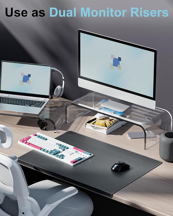 Acrylic Dual Monitor Stand Riser 2 Tier, Modular Laptop Stand for Desk, Multifunctional Desktop Organizer Shelf for PC, iMac, Printer, Detachable Monitor Stand for Office or Home, Clear - Image 2