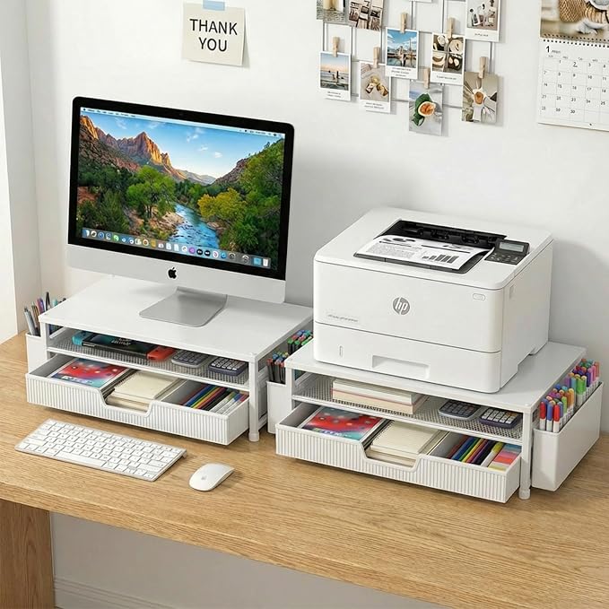 ECOLOVI Desk Organizer and Accessories, 2-Tier Computer Monitor Stand Rise with Storage Drawer & 2 Pen Holders, Laptop & Printer Stand for Desktop, Workspace Organizers for Office Supplies (White) - Image 7