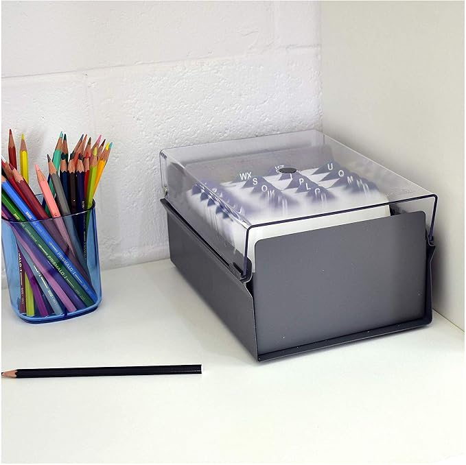 Acrimet 4 x 6 Card File Holder Organizer Box Metal Base Heavy Duty (AZ Index Cards and Divider Included) (Gray Color with Clear Crystal Plastic Lid Cover) | With A-Z Index & Non-Slip - Image 2