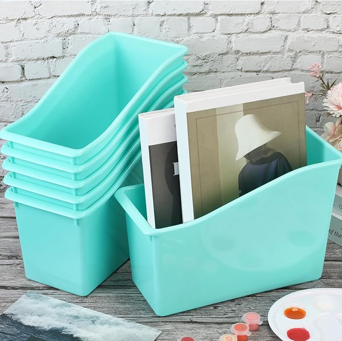12 Pcs Book Bins for Classroom Plastic Binder Holder Magazine Stuff Folder File Organizer Box for Home Office School Supplies (Water Blue) - Image 6