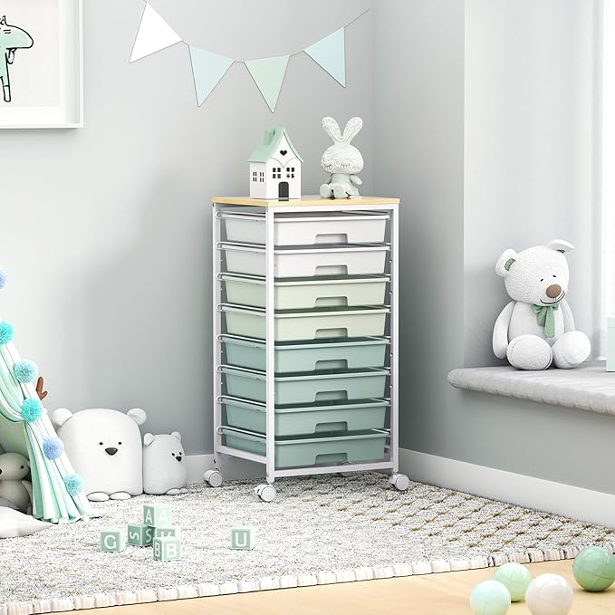 SYKIARIOL Rolling Cart with Drawers,Craft Organizers and Storage, Green | Rolling Storage Cart with 8 Drawers and Wooden Tabletop for Living Room,Office,Classroom,Craft Room,Bedroom,Dorm - Image 6