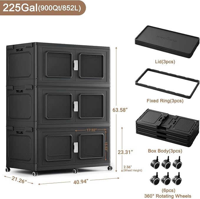 BROVIEW 900 Qt/225 Gal Stackable Storage Bins with Lids, 3 Pack, Black | Large Stackable Storage Boxes w/ 3 Lid Folding Plastic Cart Organizer for Home Kitchen, Open Front Clear Door with Wheels - Image 2